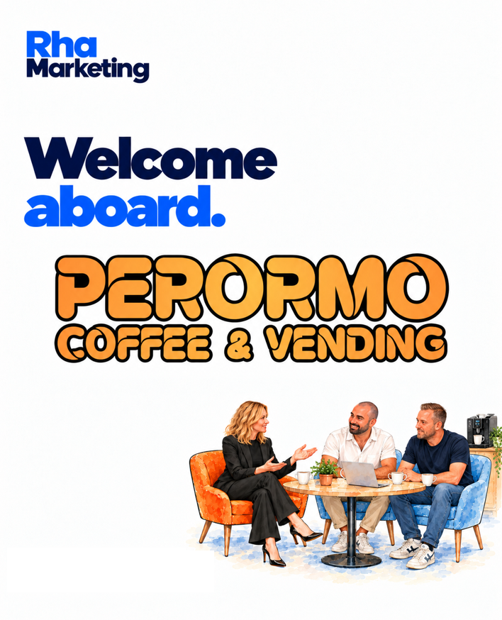 Welcome aboard Perormo Coffee & Vending, illustration of Rha Marketing meeting the Perormo team over coffee