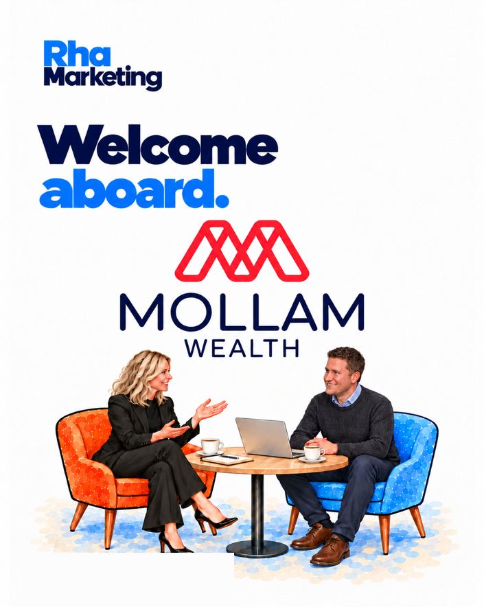 Welcome aboard Mollam Wealth, illustration of Rha Marketing meeting Paul Phillips over coffee