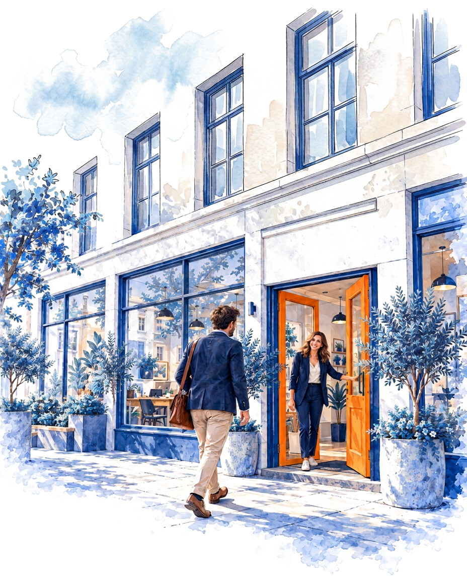 Watercolor illustration of a customer walking towards a shopfront while a businesswoman opens the orange door to welcome him