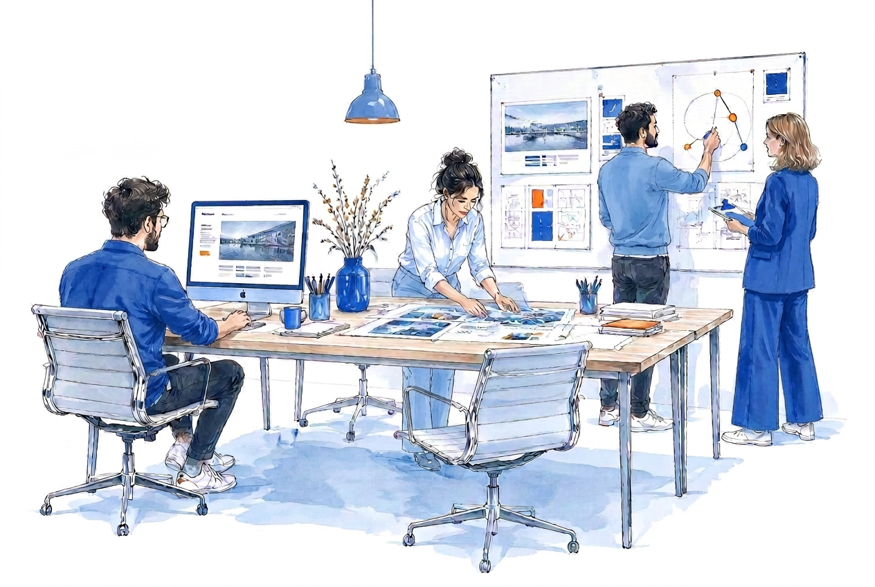 Marketing specialists designing a website, preparing campaign creative and connecting workflows in a collaborative studio