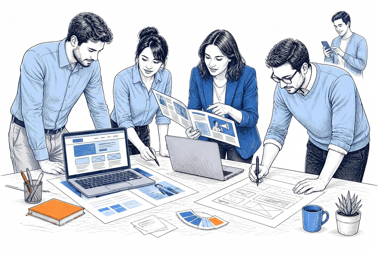 Marketing specialists and a business owner reviewing campaign creative and website layouts together