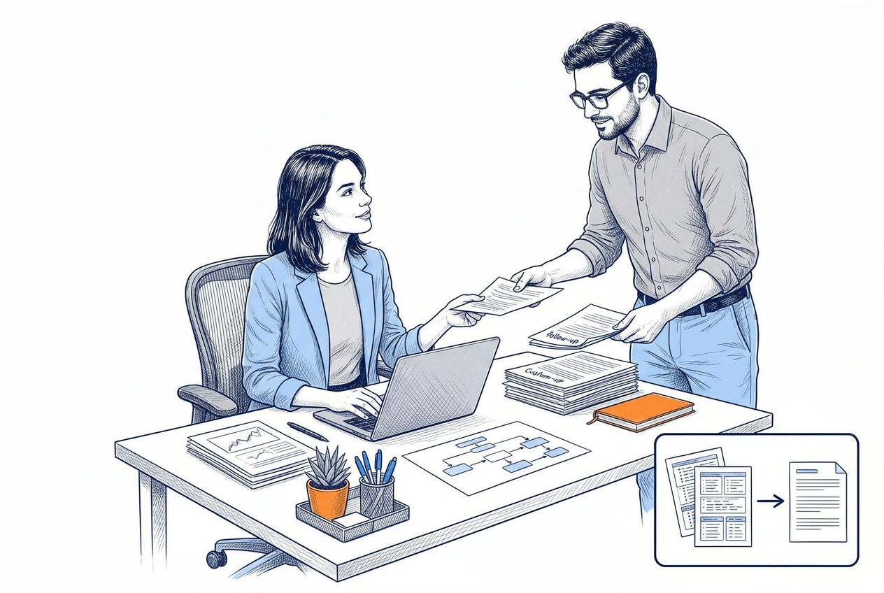 Sales and operations colleagues organising customer records and coordinating follow-up work