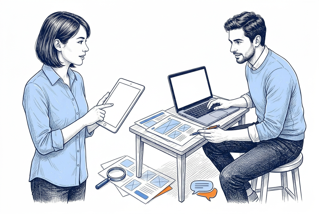 A customer and website specialist discussing online research and clear business information