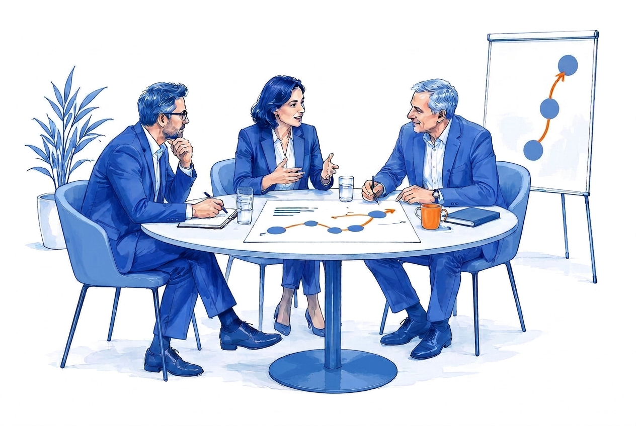 A marketing consultant and business leaders reviewing a strategic roadmap together around a meeting table