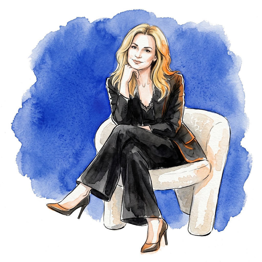 Editorial illustration of Judyta Owsianna, founder of Rha Marketing, seated on a white chair against a royal blue watercolour backdrop