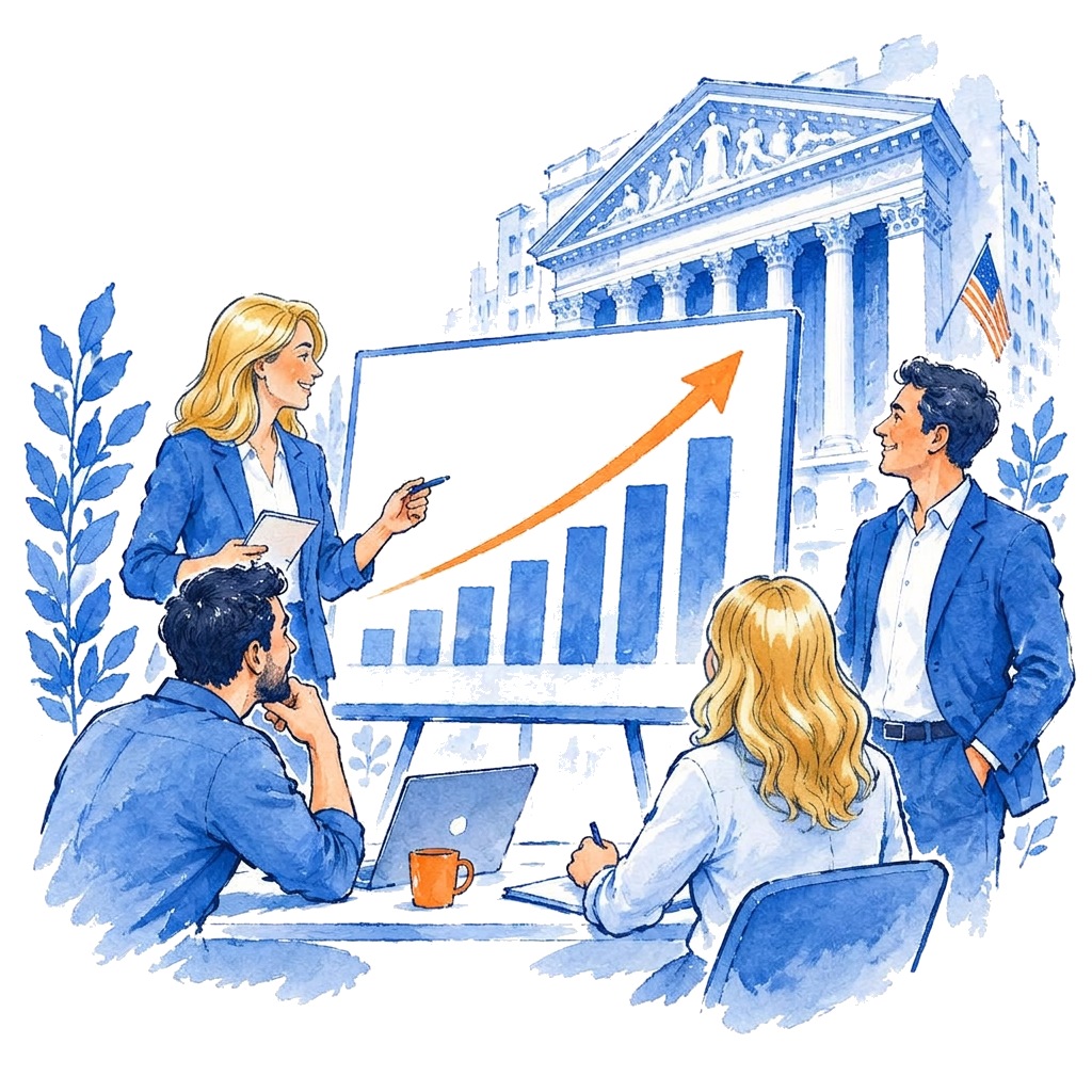 Illustration of a marketing team reviewing growth performance dashboards