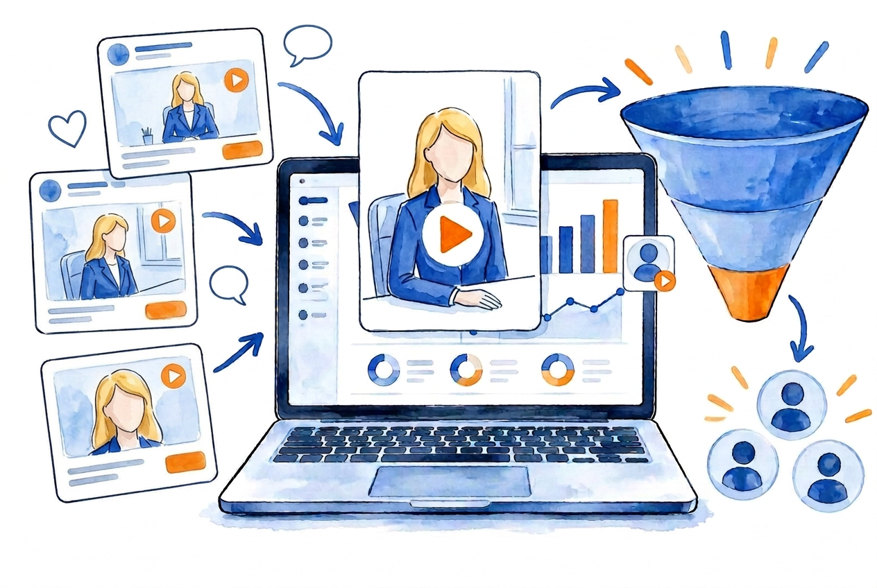 Illustration of an AI avatar video presenter fronting paid social ad posts that flow into a campaign funnel