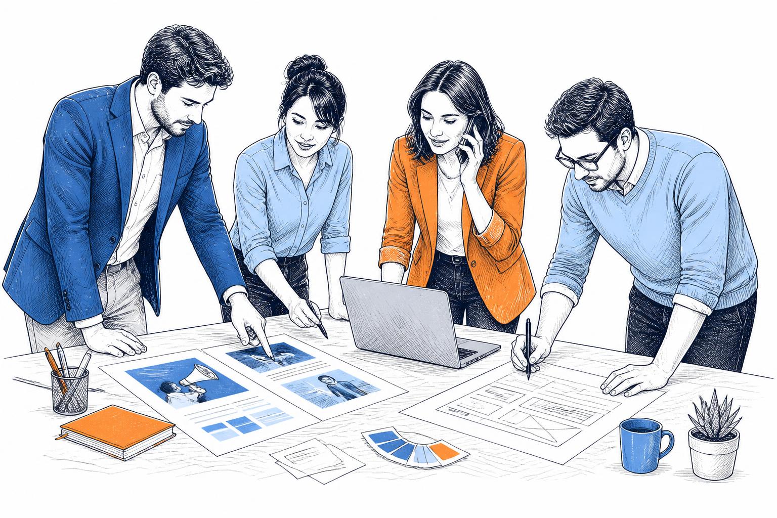 Illustration of business owners connecting their marketing plans with an adviser